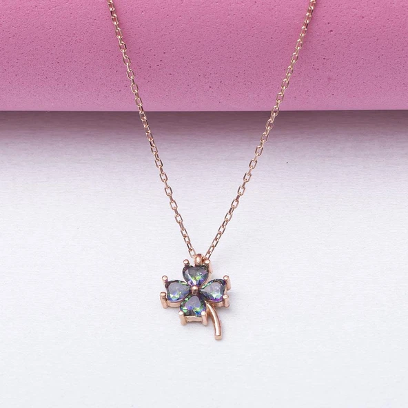 Topaz Taşlı Yonca Model-1 925 Ayar Gümüş Rose Rengi Kadın Kolye - Resim 2