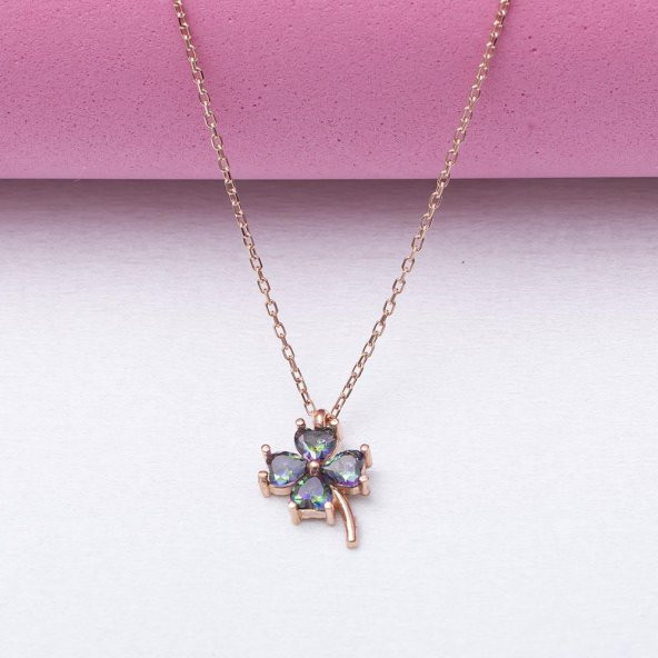Topaz Taşlı Yonca Model 925 Ayar Gümüş Rose Rengi Kadın Kolye - 2
