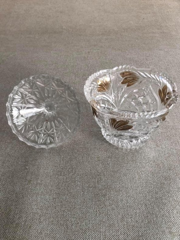 Vintage Kesme Cam Kristal Kapaklı Şekerlik - Resim 2