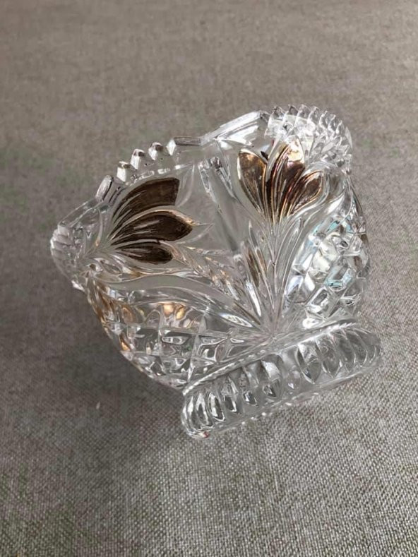 Vintage Kesme Cam Kristal Kapaklı Şekerlik - Resim 3