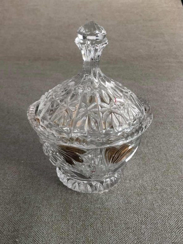 Vintage Kesme Cam Kristal Kapaklı Şekerlik - Resim 8
