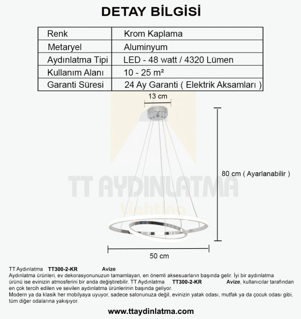 TT Aydınlatma TT300-2 KR  Halka 2 li Krom Led Avize - 5