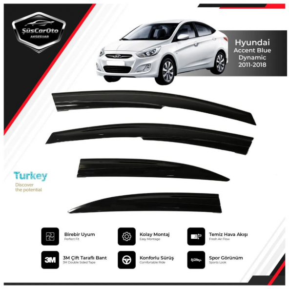 Hyundai Accent Blue 2011-2018 Uyumlu Mugen Cam Rüzgarlığı Seti Piano Black 4lü İthal - Resim 2