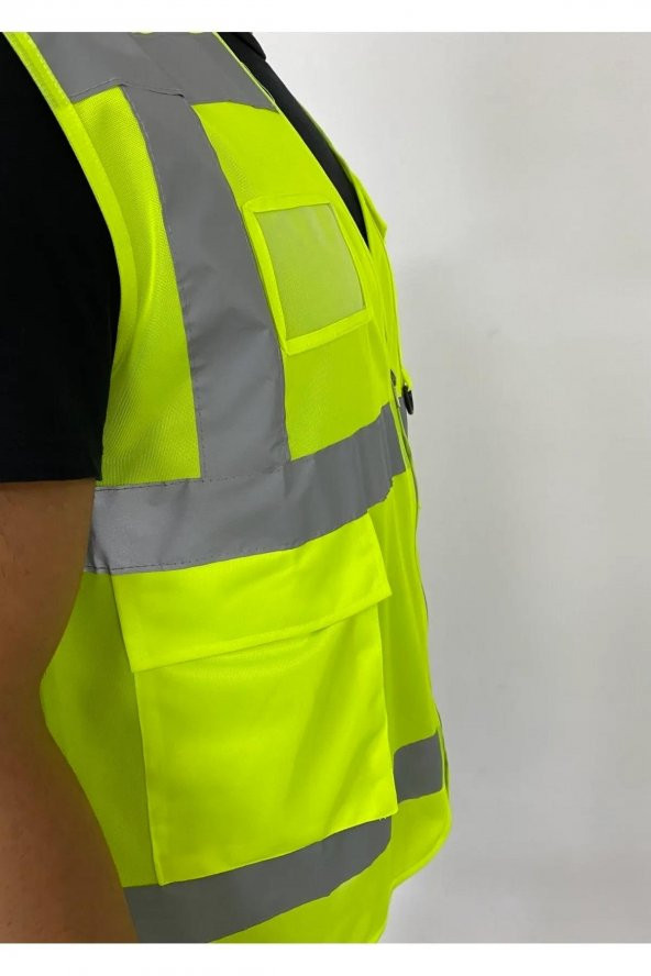 Yüksek Görünümlü Mühedis Yeleği  20 adet  Sarı M Beden Yelek Reflektörlü Fermuarlı Reflektik - 2