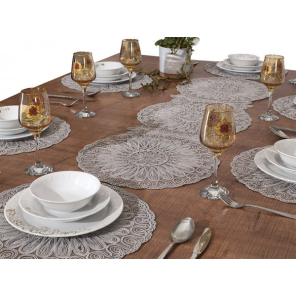 Runner Takımı 6 kişilik Venezia Gri Amerikan Servis Runner Ve Supla Seti 7 Parça Nakışlı Çeyiz Seti