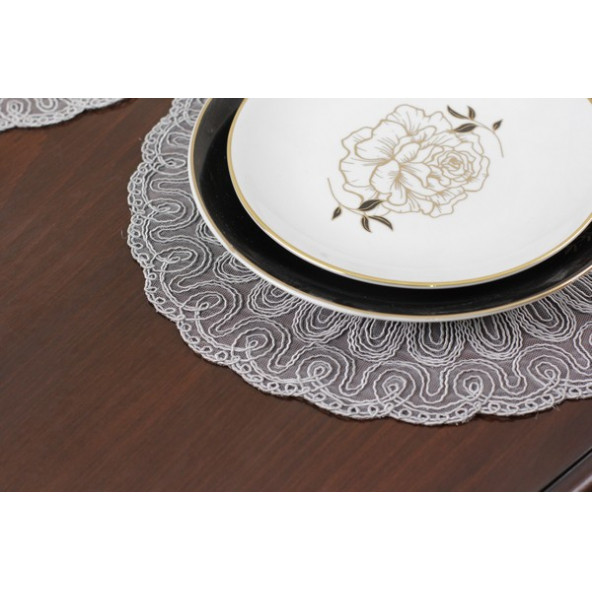 Runner Takımı 6 kişilik Venezia Gri Amerikan Servis Runner Ve Supla Seti 7 Parça Nakışlı Çeyiz Seti - 4