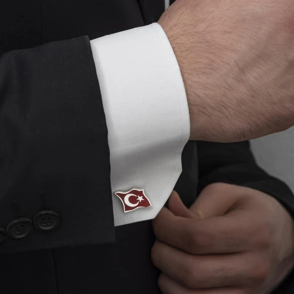 Türk Bayrağı Mineli Gümüş Kol Düğmesi