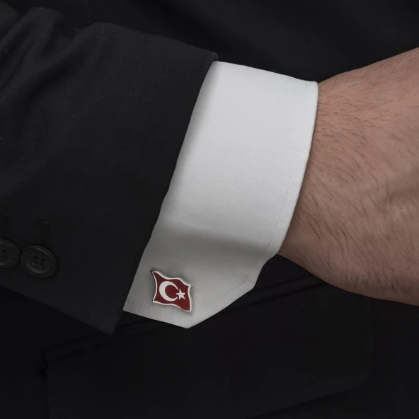 Türk Bayrağı Mineli Gümüş Kol Düğmesi - 2