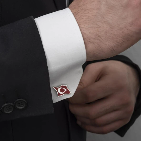 Türk Bayrağı Mineli Gümüş Kol Düğmesi - 3