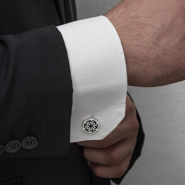 Siyah Mineli Ok Motifli Gümüş Kol Düğmesi - 4