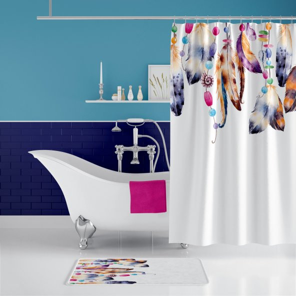 Renkli Tüy Desen Banyo Paspası, Kaymaz Taban Paspas, Dot Taban Banyo Paspası ve Duş Perdesi - Resim 2