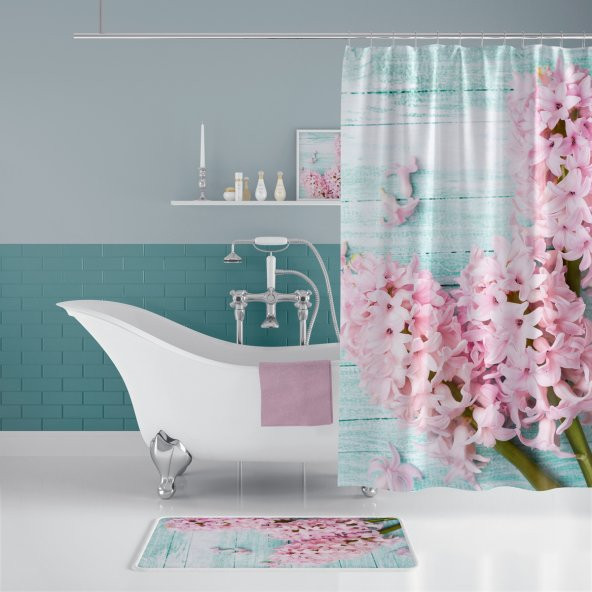 Lila Banyo Paspas Seti, 50x80 Püsküllü Paspas ve 180x200 cm Banyo Perdesi Takımı, Klozet Takımı - 2