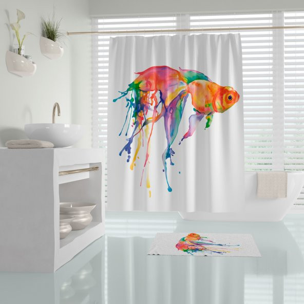 Goldfish Banyo Paspası, Püsküllü Banyo Paspas Takımı, Renkli Balık Desen Banyo Perdesi ve Paspası