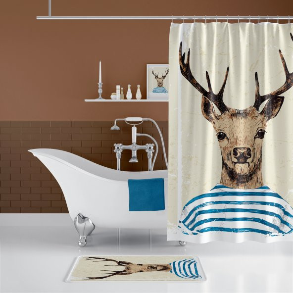 Geyikli Banyo Paspası, Mr.Deer Banyo Perdesi ve Paspası, Dijital Baskılı Yıkanabilir Paspas Seti
