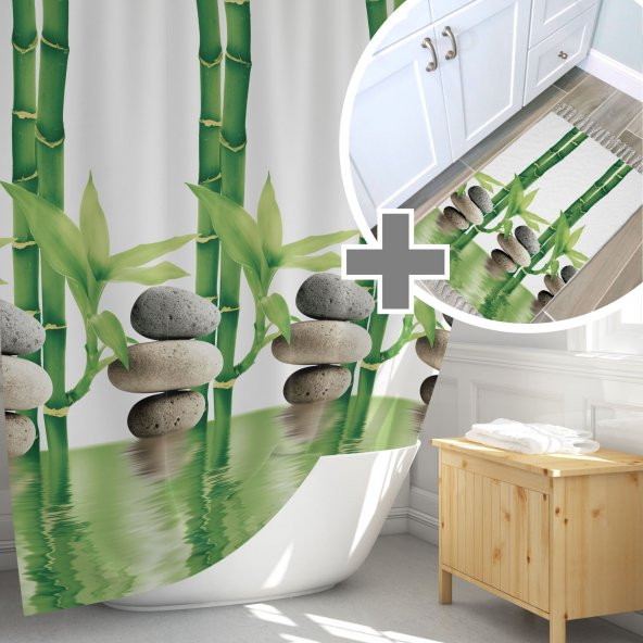 Dijital Baskılı Bamboo Banyo Paspası, Kaymaz Taban Paspas Seti, Banyo Perdesi ve Paspası ürün görseli 1