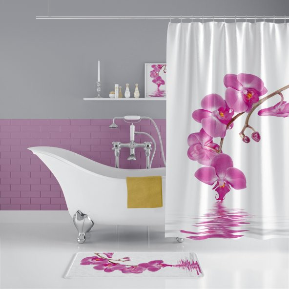 Orkide Desen Banyo Perdesi, Baskılı Paspas Takımı, Tek Kanat Su Geçirmez Banyo Perdesi Paspas Seti - 2