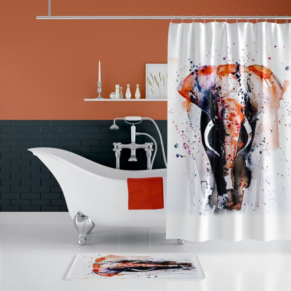 Renkli Fil Desenli Banyo Perdesi Takımı, Dijital Baskılı Paspas Hedhiyeli Duş Perdesi, 12 C Halkalı - Resim 3