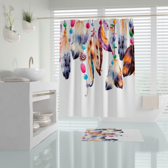 Renkli Tüy Desen Banyo Duş Perdesi-180x200cm Duşakabin Perdesi ve Paspası, Dream Catcher Paspas Seti - Resim 3