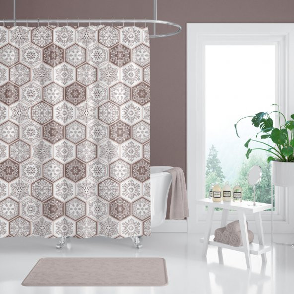 Kahverengi Banyo Paspası, Paisley Desenli Banyo Paspası ve Duş Perdesi Takımı, 2li Banyo Seti - 3