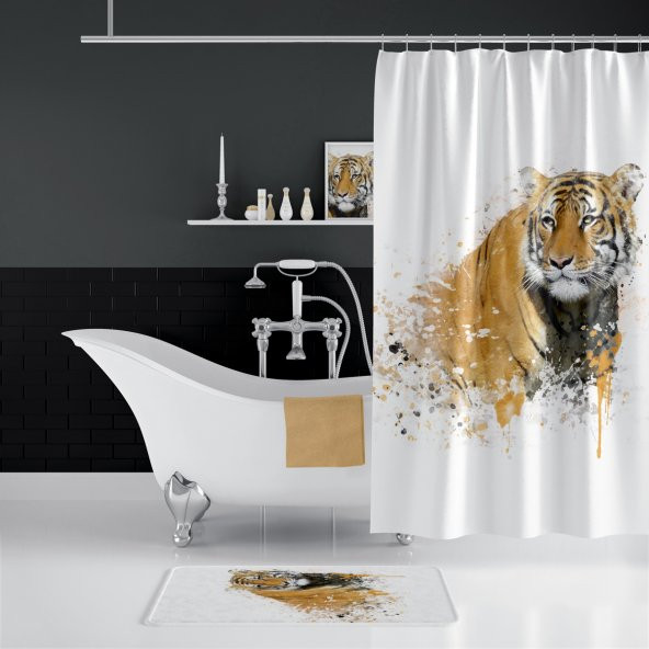 Kaplan Desenli Banyo Perdesi Takımı, Dijital Baskılı Duş Perdesi ve Paspas, Püsküllü Paspas Takımı - 2