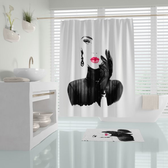 Kadın Desen Banyo Perdesi Seti, 50x80 Püsküllü Banyo Paspası ve 180x200 Duş Perdesi Takımı, Paspaslı