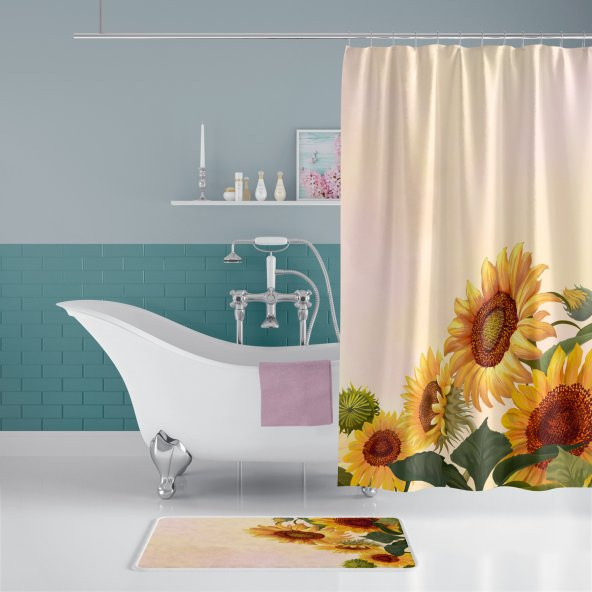 Sunflower Banyo Perdesi-180x200 cm Duş Perdesi-Ayçiçek Desen Banyo Duş Perdesi-Sarı Banyo Perdesi