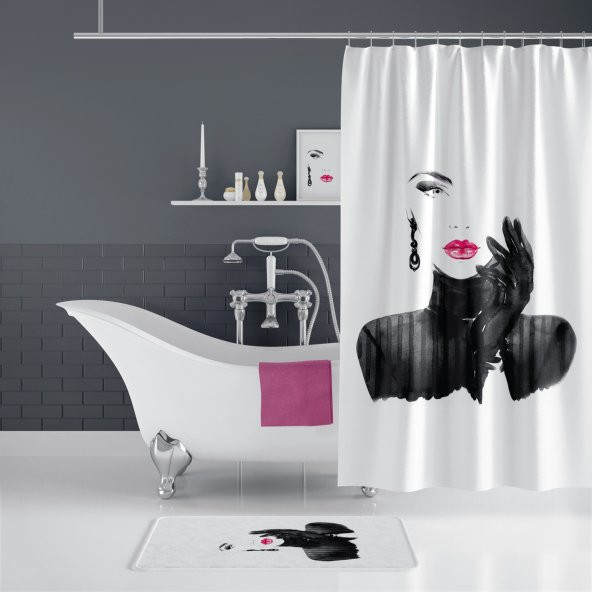 Kadın Desen Banyo Perdesi Seti, 50x80 Püsküllü Banyo Paspası ve 180x200 Duş Perdesi Takımı, Paspaslı - 2