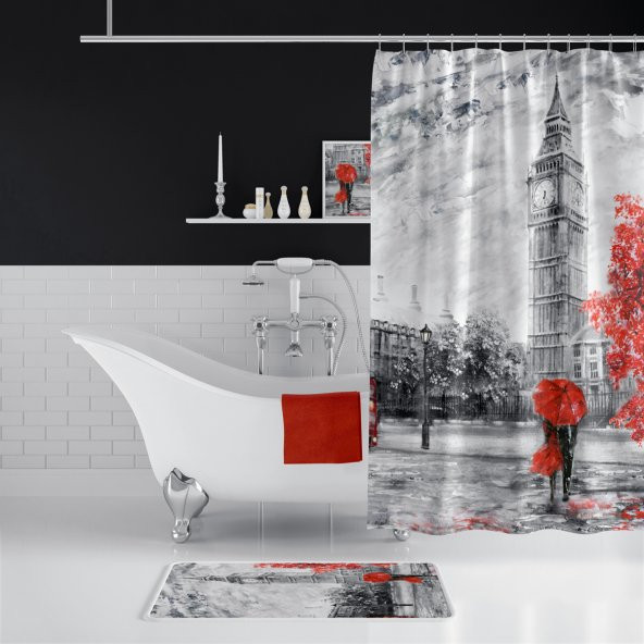 Bigben Londra Desenli Baskılı Banyo Perdesi ve Paspası, 180x200 Duş Perdesi ve Banyo Paspası Takımı