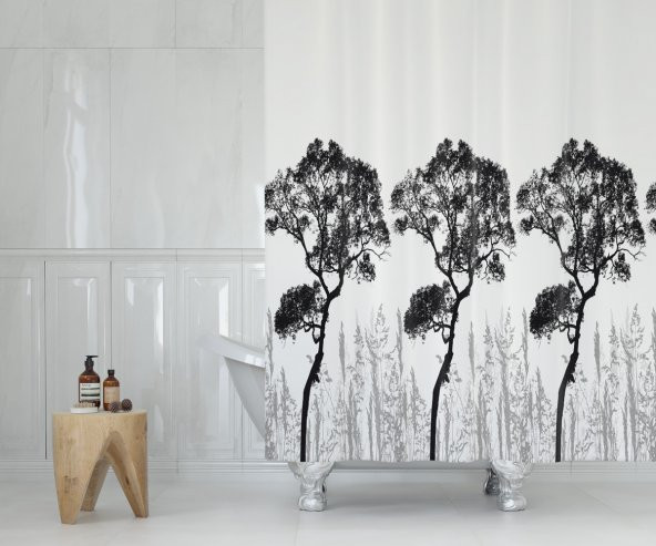 Ağaç Desen Banyo Perde+Paspas Seti-Kaymaz Taban Kapı Önü Paspas Seti-180x200 cm Banyo Perdesi Seti - 1