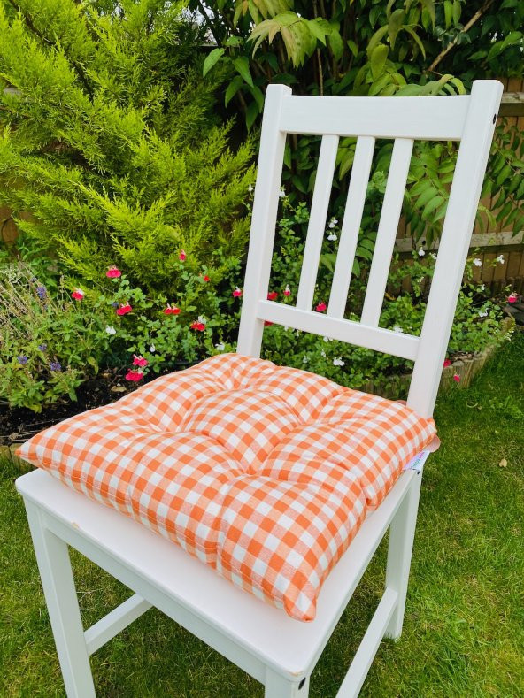 4lü Pamuklu Minder Seti Ekose Turuncu Bağcıklı Bahçe Sandalye Minderi-40x40 cm 4 Adet Minder Seti