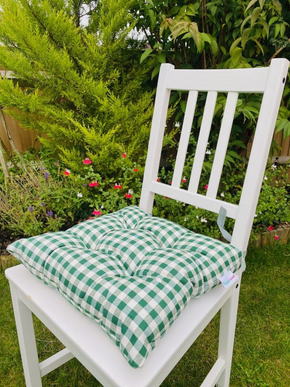 4lü Ahşap Sandalye Minderi-Pofidik Bahçe Sandalye Minderi-40x40 cm Ekose Yeşil Sandalye Minderi