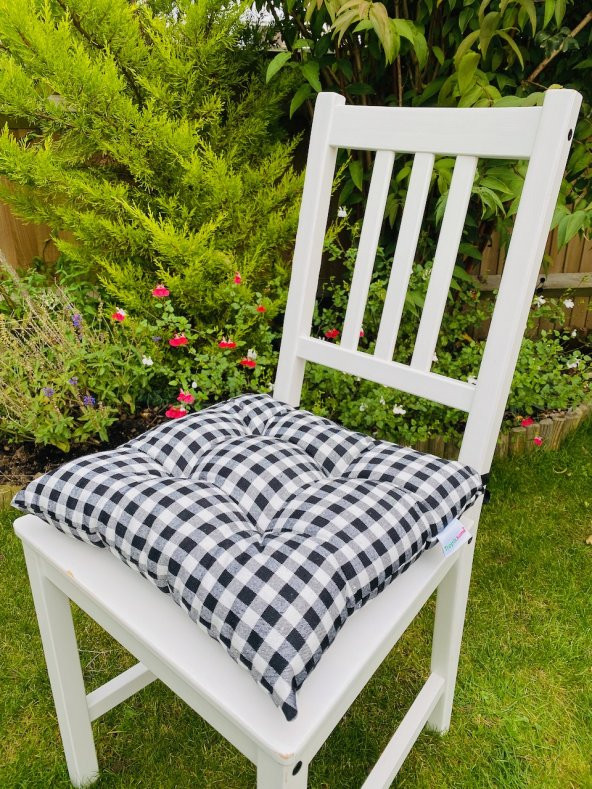 6lı Ekose Siyah Bahçe Sandalye Minderi-Bağcıklı Kare Sandalye Minderi-40x40cm Pamuklu Sırt Minderi - 1