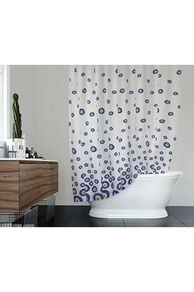 Nazar Boncuğu Banyo Perdesi, 180x200cm Duş Perdesi-tek Kanat Banyo Duş Perdesi- C Halka Hediyeli - Resim 3