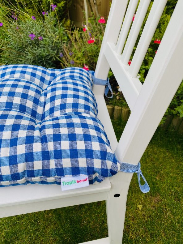 2li Kombin Minder Ekose Mavi Kare Sandalye Minderi, 40x40 cm Balkon İçin Sandalye Minderi - Resim 2