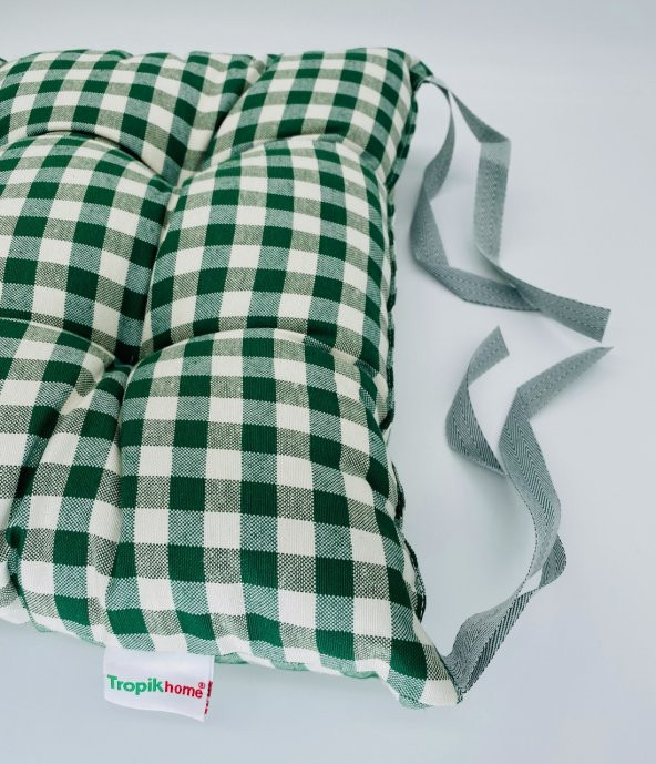 2li Bahçe Minderi 40x40 cm Ahşap Sandalye Minderi, Ekose Yeşil Bağcıklı Sandalye Minderi - 2
