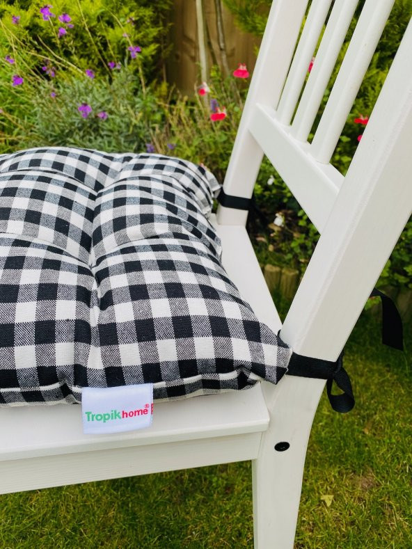 2li Sandalye Minderi, 40x40 cm Kare Sandalye Minderi, Ekose Siyah Bahçe Sandalye Minderi - 3