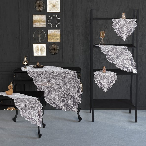 Amerikan Servis Supla ve Runner Salon Takımı-5 Parça Konsol Üstü Set, Beyaz Renk Runner Takımı ürün görseli 1