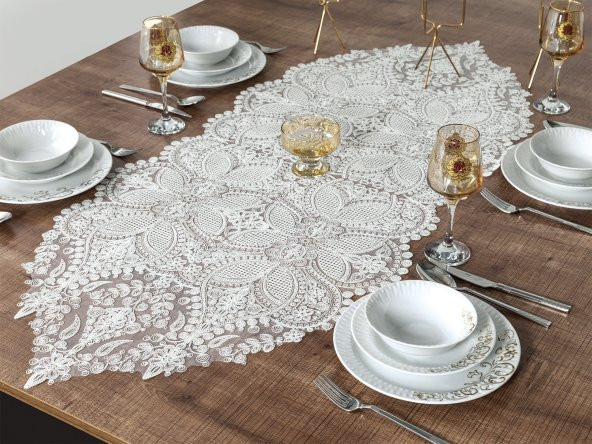 Amerikan Servis Supla ve Runner Salon Takımı-5 Parça Konsol Üstü Set, Beyaz Renk Runner Takımı - Resim 3