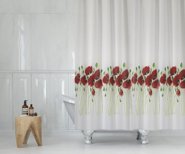 Gelincik Desen Kırmızı Banyo Perdesi-Tek Kanat Duş Perdesi, 180x200 cm C Halkalı Küvet Perdesi