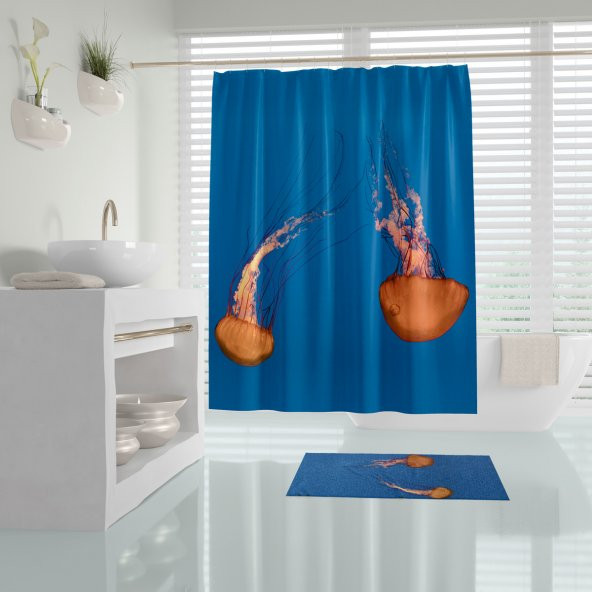 Mavi Duş Perdesi-Jelly Fish Desenli Banyo Perdesi, Dijital Baskılı Perde