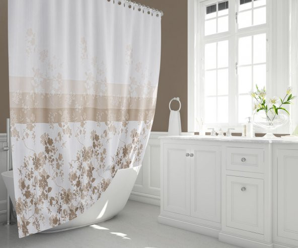 Çiçekli Banyo Duş Perdesi-Kahverengi Renk Duş Perdesi, Tek Kanat Küvet Perdesi 180x200 cm - 3