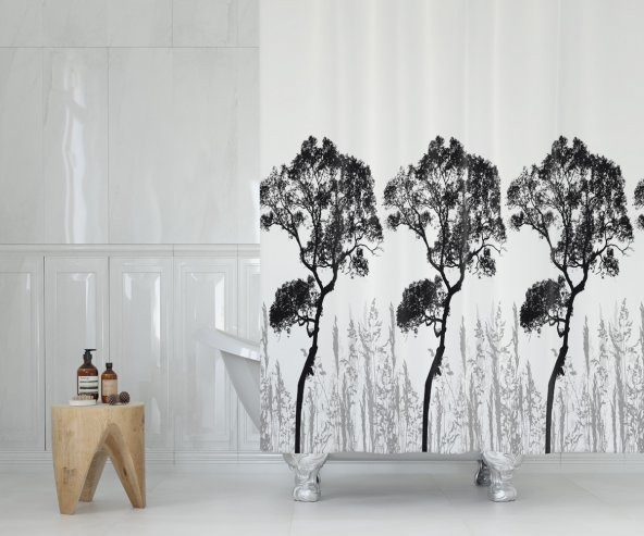 Ağaç Desen Banyo Duş Perdesi-Beyaz Renk Duş Perdesi ve Küvet Perdesi, 180x200 cm Lüx Banyo Perdesi