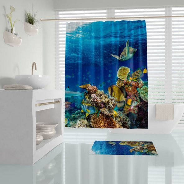 Akvaryum Desen Banyo Perdesi-180x200 cm Duş Perdesi, Dijital Baskılı Tek Kanat Küvet Perdesi ürün görseli 1