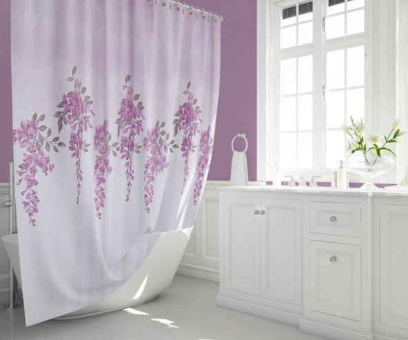Lila Banyo Duş Perdesi-180x200 cm Yeşim Desen Küvet Perdesi Tek Kanat Perde - Resim 4