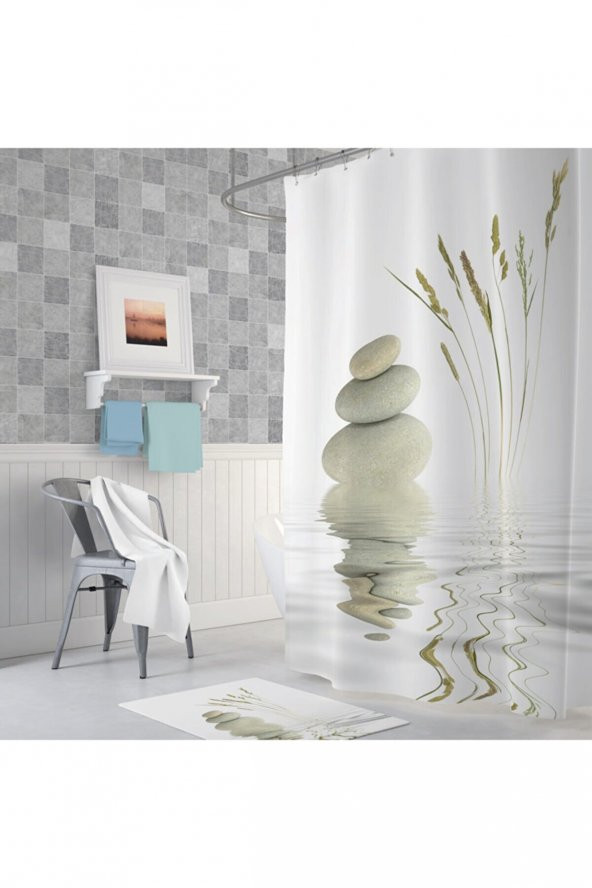 Banyo Duş Perdesi Taş Desen Dijital Baskılı Banyo Perdesi, 180x200 cm