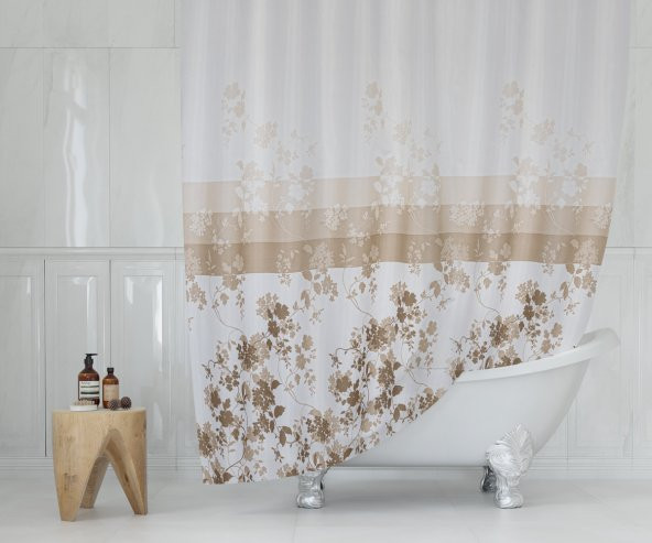 Çiçekli Banyo Duş Perdesi-Kahverengi Renk Duş Perdesi, Tek Kanat Küvet Perdesi 180x200 cm