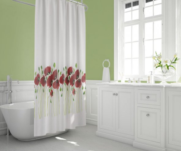 Gelincik Desen Kırmızı Banyo Perdesi-Tek Kanat Duş Perdesi, 180x200 cm C Halkalı Küvet Perdesi - 2