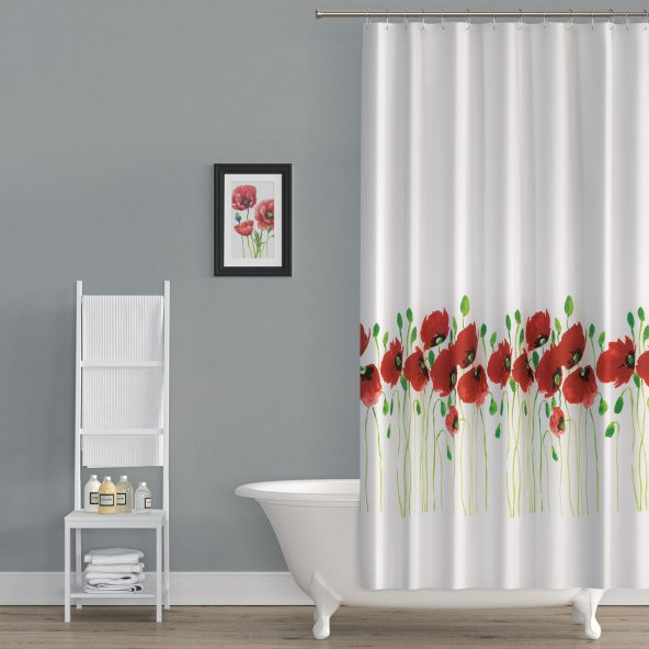 Gelincik Desen Kırmızı Banyo Perdesi-Tek Kanat Duş Perdesi, 180x200 cm C Halkalı Küvet Perdesi - 3