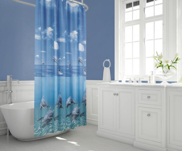 Mavi Yunus Desen Banyo Perdesi-Mavi Renk Duş Perdesi, 180x200 cm Küvet Perdesi - 3