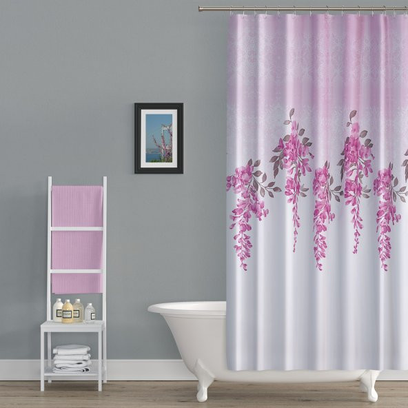 Lila Banyo Duş Perdesi-180x200 cm Yeşim Desen Küvet Perdesi Tek Kanat Perde - Resim 3